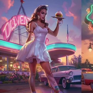 1950s retro pin-up illustration, glamorous roller-skate waitress...