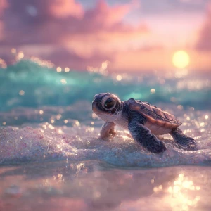 A baby sea turtle named Tika, crawling gently across soft, wet s...