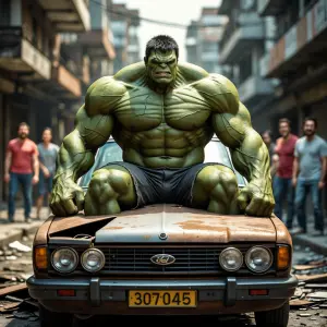 Hulk sitting in a broken old car, rusty body, poor street, peopl...