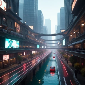 Visualize street view wide shots of a dystopian Los Angeles reim...