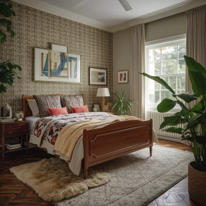Personalized eclectic bedroom interior, wide-angle view, pattern...