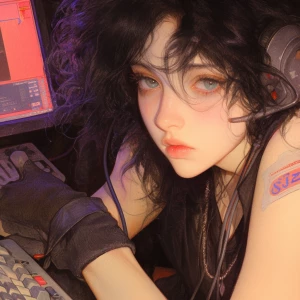 A woman with black hair and blue eyes is playing video games on...