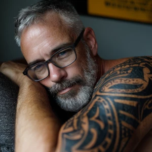 Generate an image of a man with short, gray hair and a thick gra...