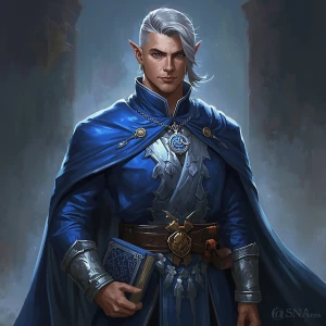 A high elf mage, illustrated in RPG fantasy book style, standing...