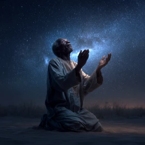 Create an image of a older African man 70 years old on his knees...