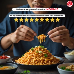 make me an promotion image about indomie with a description, 5 s...