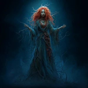 A gnarled redhead priestess female horror from the underworld fu...