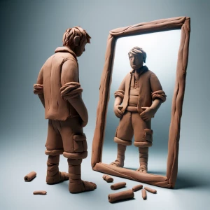 i want a guy made out of clay with baggy clothes looking at hims...