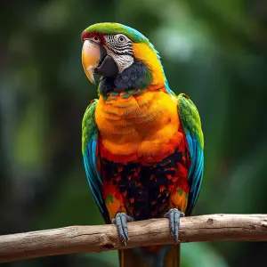 Generate an image of a vibrant tropical parrot perched on a lush...