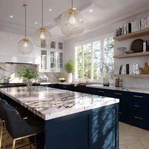 Generate a realistic image with navy blue lower cabinets, white...