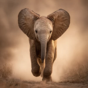 A baby African elephant named Ember, running joyfully toward the...