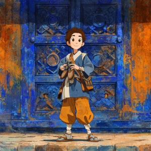 2D Disney style cartoon, clean digital art, young Hideyoshi with...