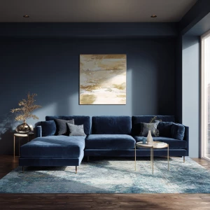 Create a modern aesthetic living room with a navy velvet section...