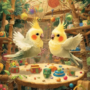 Illustrate a lively setting in a vibrant aviary, where two anima...