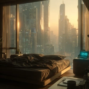 A luxurious futuristic apartment bedroom at dawn. Soft golden li...