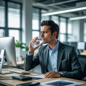 A busy professional drinking water at a desk, modern office envi...
