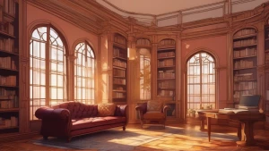 In a cozy autumn library bathed in soft golden hour light filter...