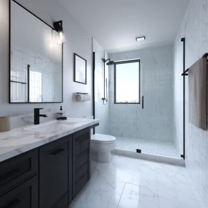 Design a modern small black and white bathroom with matte black...