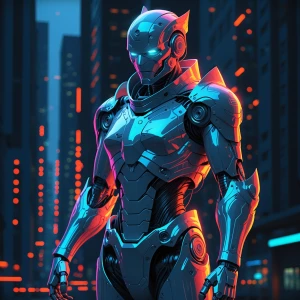 A cybernetic knight, a blend of elegance and technology, stands...