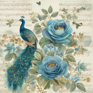 Edge-hugging bouquets of peacock-blue roses with peacock feather...