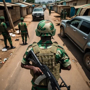 An over head view soldier,green camo, Nigerian style,Lagos scene...
