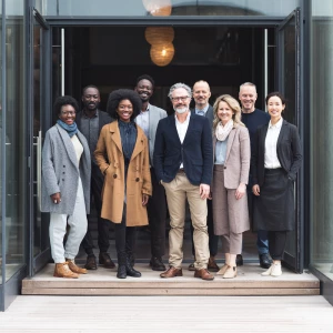 Show a dynamic scene at the entrance of a contemporary office bu...