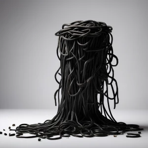 A bundle of black spaghetti vertical in the image with a white b...