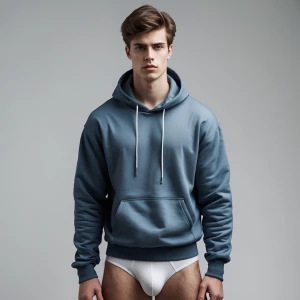 A young men with white skin and brown hair wearing a hoodie and...