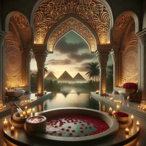 Create an opulent master bathroom scene known as "The Lotus Sanc...