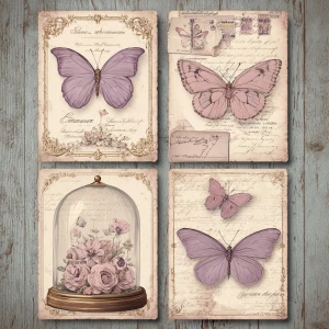 Victorian Mauve Rose Butterflies – 4 Cards (Antique Specimens)...