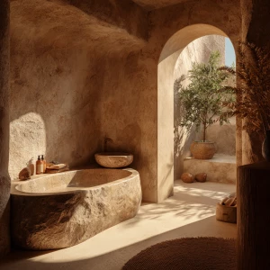 Create a luxurious bathroom with design elements inspired by des...