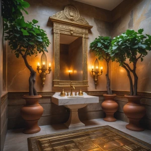 Create an evocative depiction of an opulent bathroom evoking the...