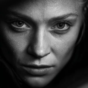 Ultra close-up noir portrait of a determined blonde woman. Her e...