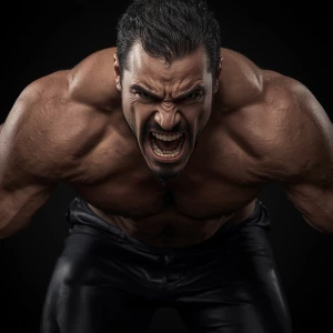 The image depicts a close-up portrait of a shirtless male figure...