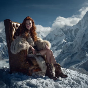 beautiful redhead supermodel sitting in a high end luxury chair...