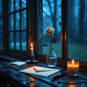 A cinematic, high-aesthetic shot of an old wooden table near a r...