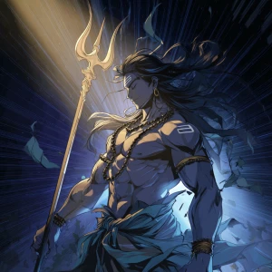 Lord Shiva, majestic and powerful, standing with trident, showin...