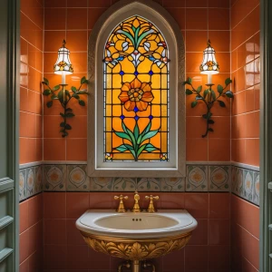 Bathroom 1 — Amber Bloom Washroom
Sunset-hued tiles, floral ston...