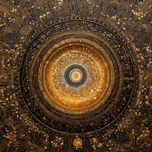 Intricately woven circuits of gold and silver shimmer against a...