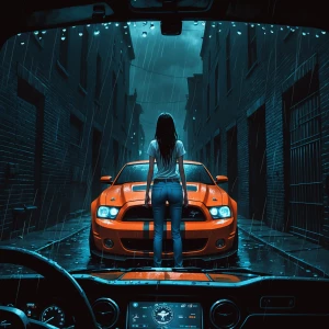 A dark, rainy alley at night. The viewpoint is from inside an or...