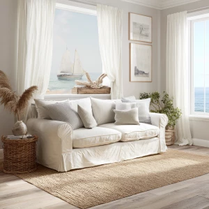 Create a bright and airy coastal living room interior featuring...