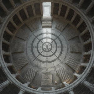 A breathtaking, top-down view of a colossal, ancient, circular s...