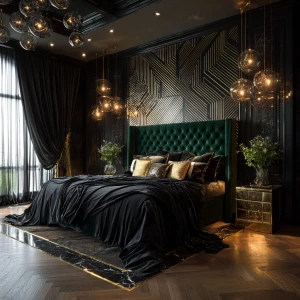 Ultra-realistic photograph of an Art Deco glamorous bedroom, ful...