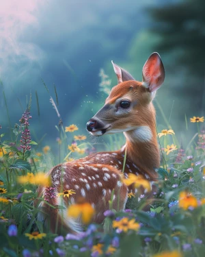 Freckles the fawn resting in a wildflower meadow in the Great Sm...
