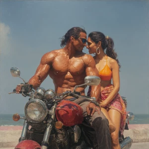 Hyperrealism ,oil painting.a muscular sweaty indian  man on moto...