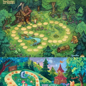 A rectangular fantasy board game illustration.
The board contai...