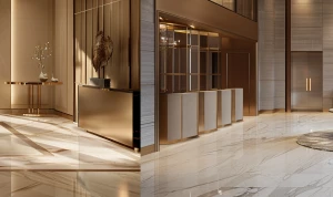 ultra-realistic photo of a luxury apartment lobby, open layout w...