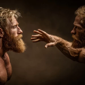 Create a man’s hand reaching out to another man both men are bod...