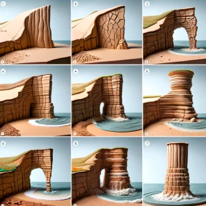 Start with a headland then have cracks appear and the cracks eve...