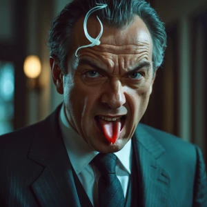 A middle-aged man with a devious expression and a hissing snakel...